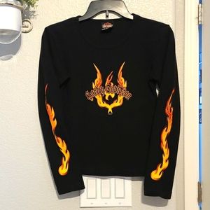 Harley Davidson Tshirt Flames Black Womens Long Sleeve Top Medium